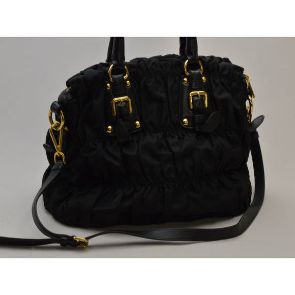 Prada Black Gathered Hardware Tessuto Gaufre' Handbag Gold - Picture 1 of 8